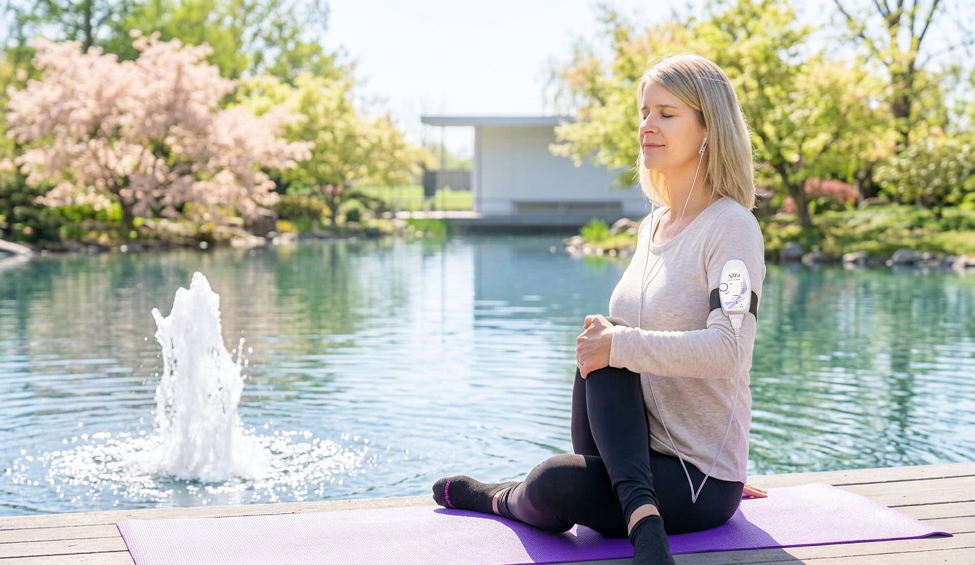 Meditating by the water while wearing the Bio Tuner.