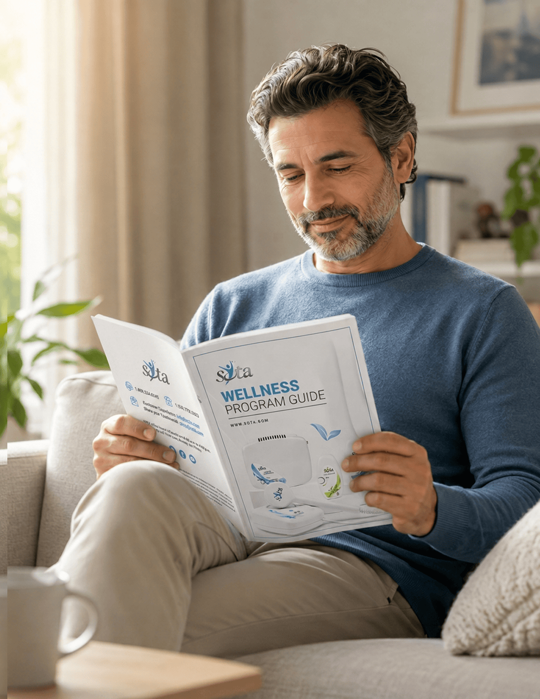 A man reading the SOTA Wellness Program Guide on his sofa