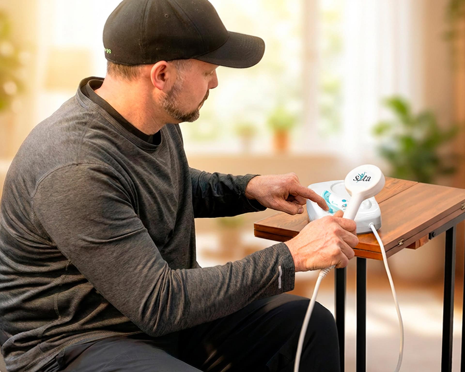A man seated at a table selecting a mode on the Magnetic Pulser