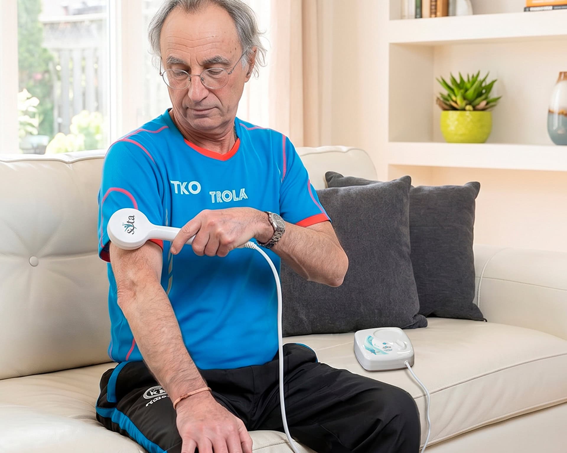 A man on a couch using the Hand Paddle on his hip during a daily session