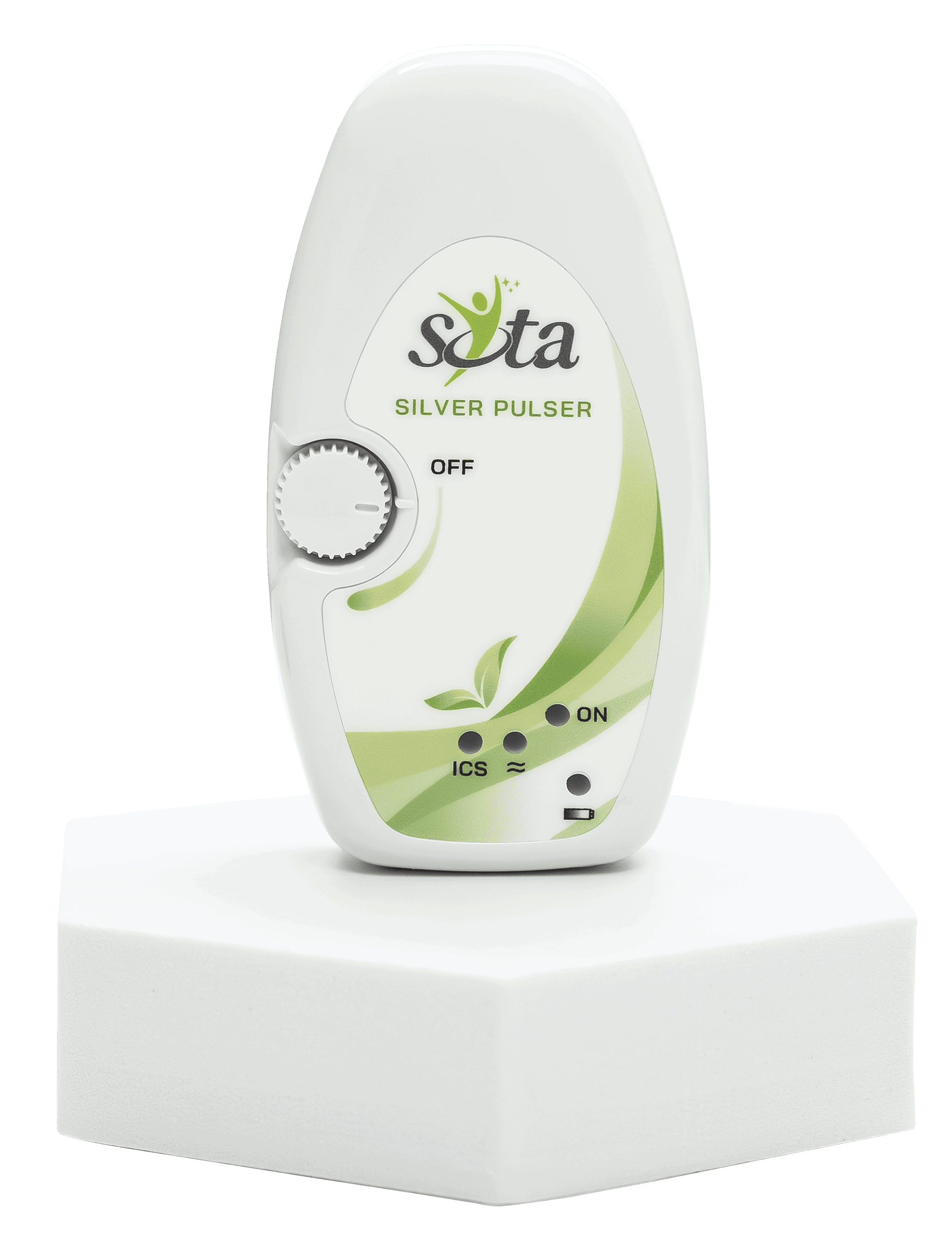 The SOTA Silver Pulser unit standing upright on a display stand