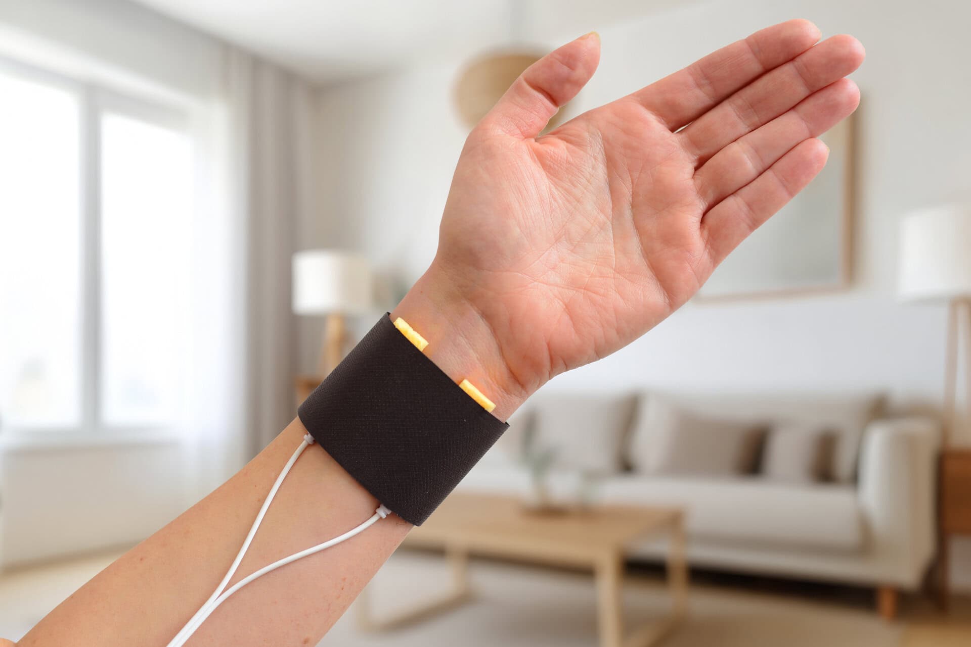 A wrist wearing the Silver Pulser electrodes