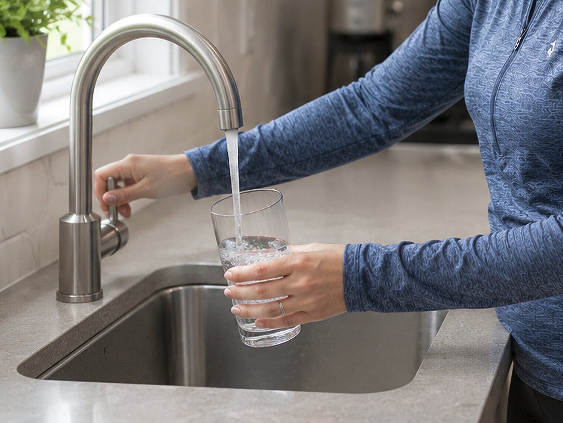 Filling a glass with water from a kitchen faucet