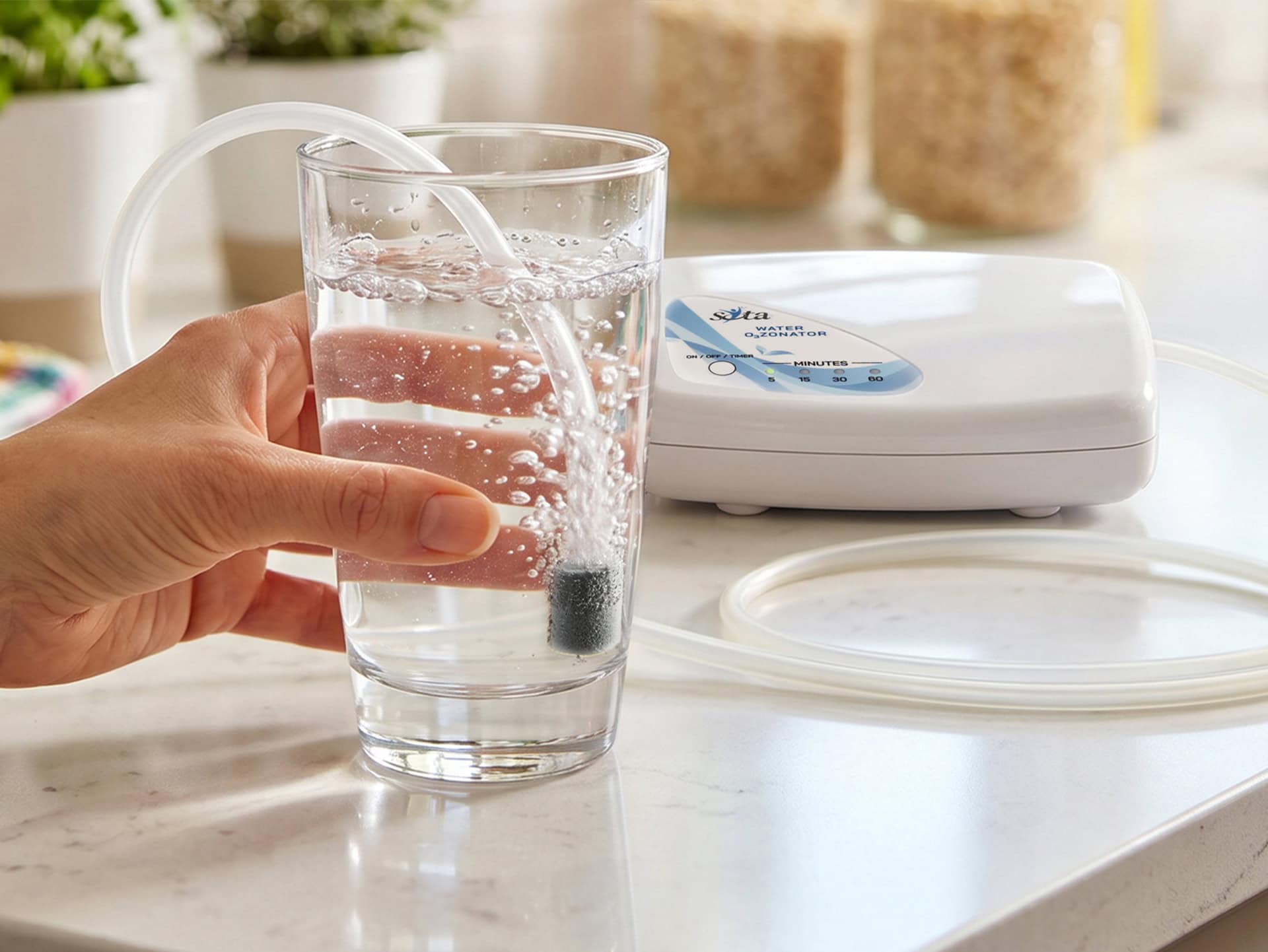 A glass of water being ozonated beside the Water Ozonator